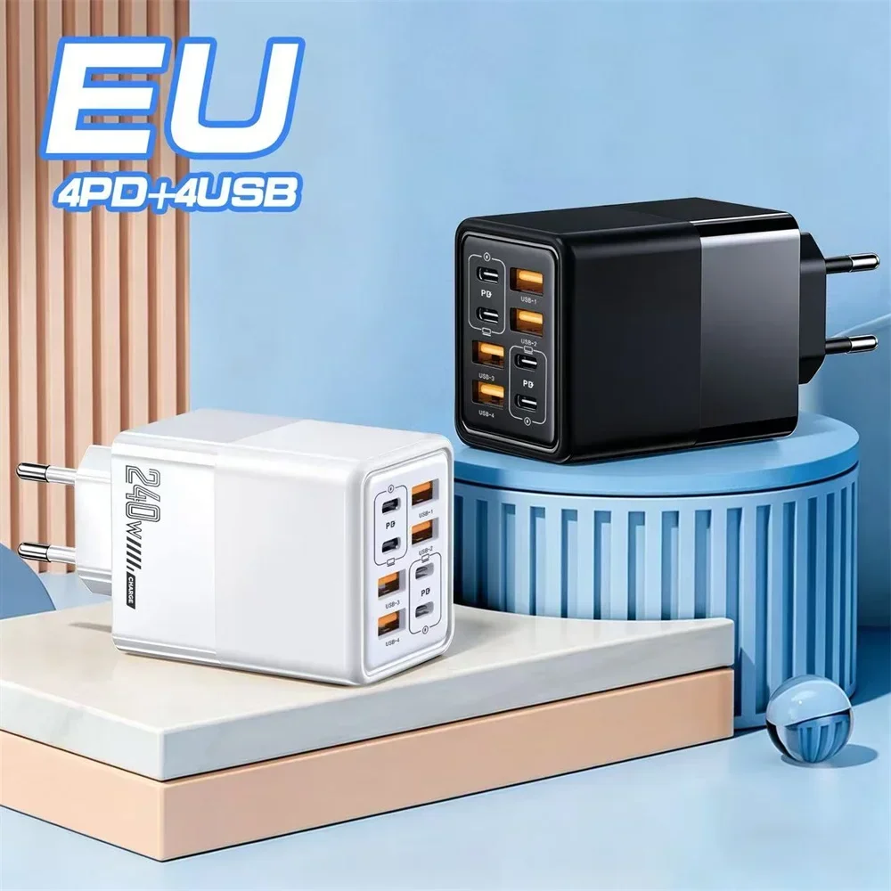 240W USB C Charger 8 Ports Fast Charging Phone Charger Adapter For iPhone Samsung Xiaomi Huawei EU/US/UK Plug Quick Wall Charger