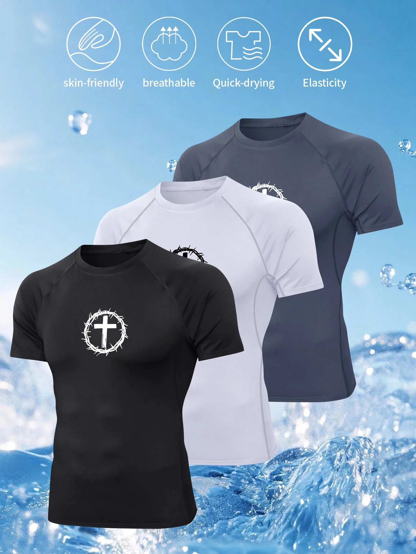 

3-piece men's fitness short-sleeved tight suit, quick-drying sports training short-sleeved T-shirt, suitable for outdoor wear