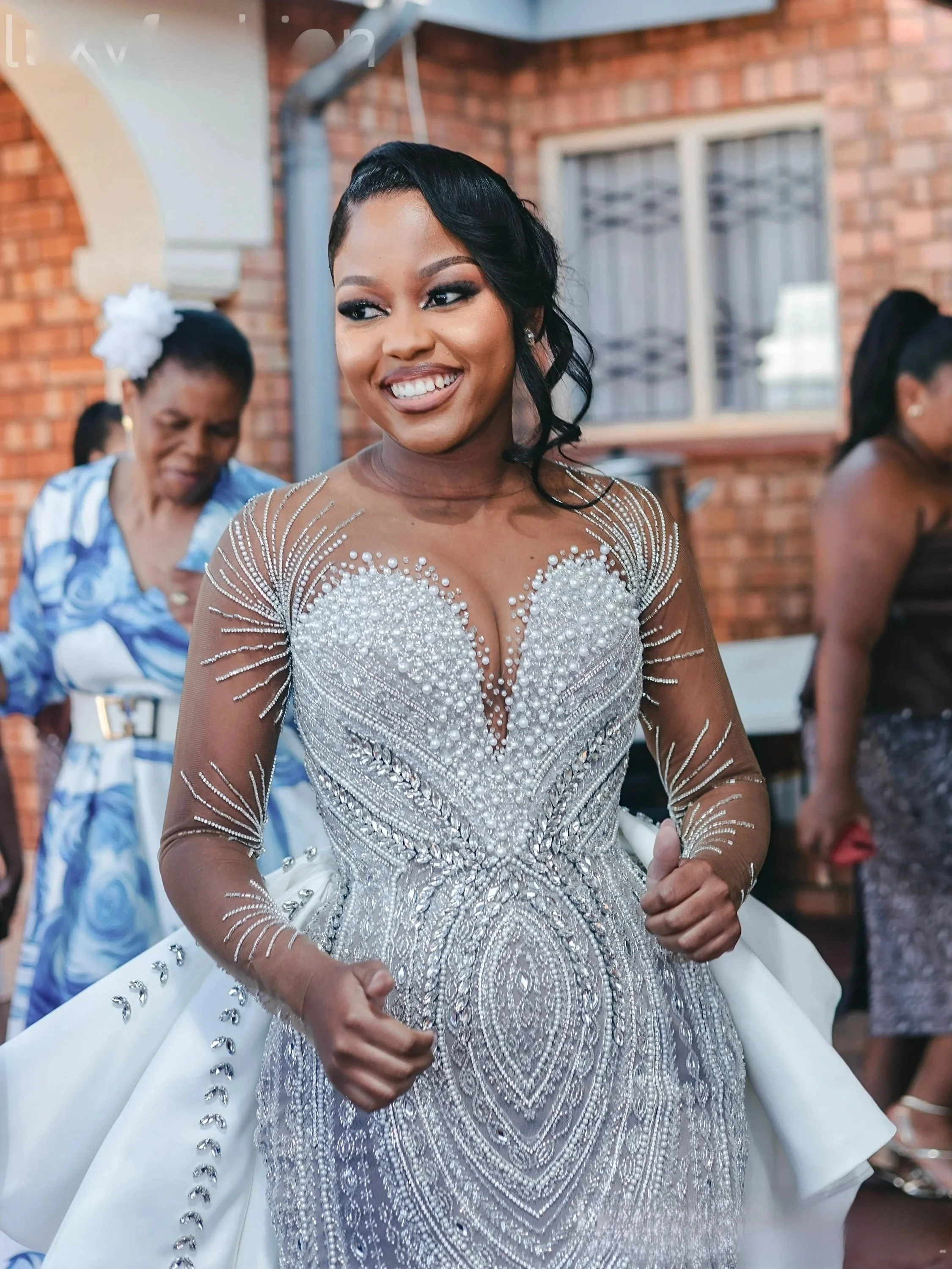 Customized African Sheer Neck Sparkly Heavy Beads Crystals Mermaid Wedding Dress with Removable Skirt  Full Sleeves Bridal Gowns