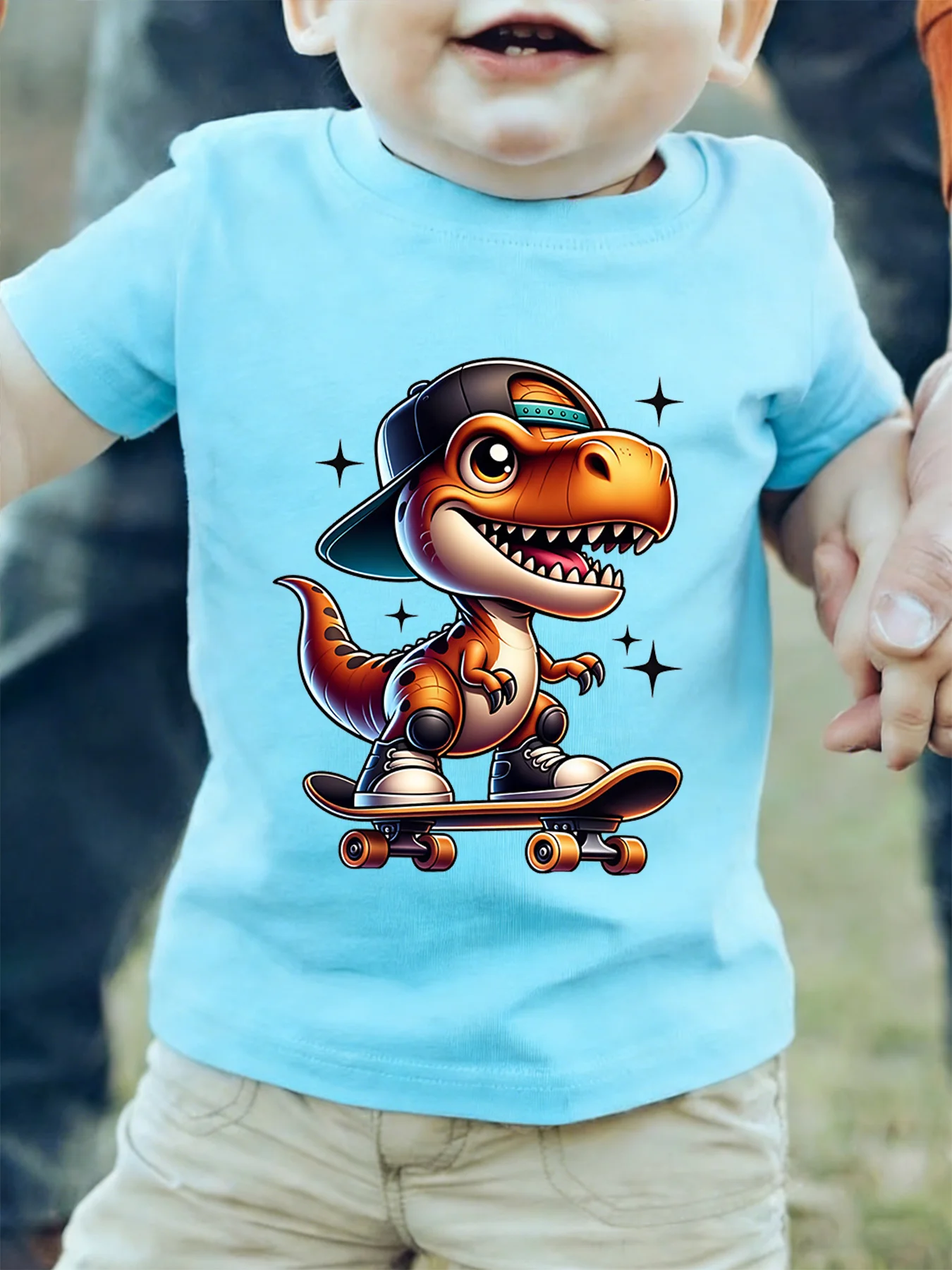 Cool Skateboard T Rex Dinosaur With Cap Cartoon Graphic Kids T Shirt Boys Girls Family Matching Summer Crew Neck Casual Tee