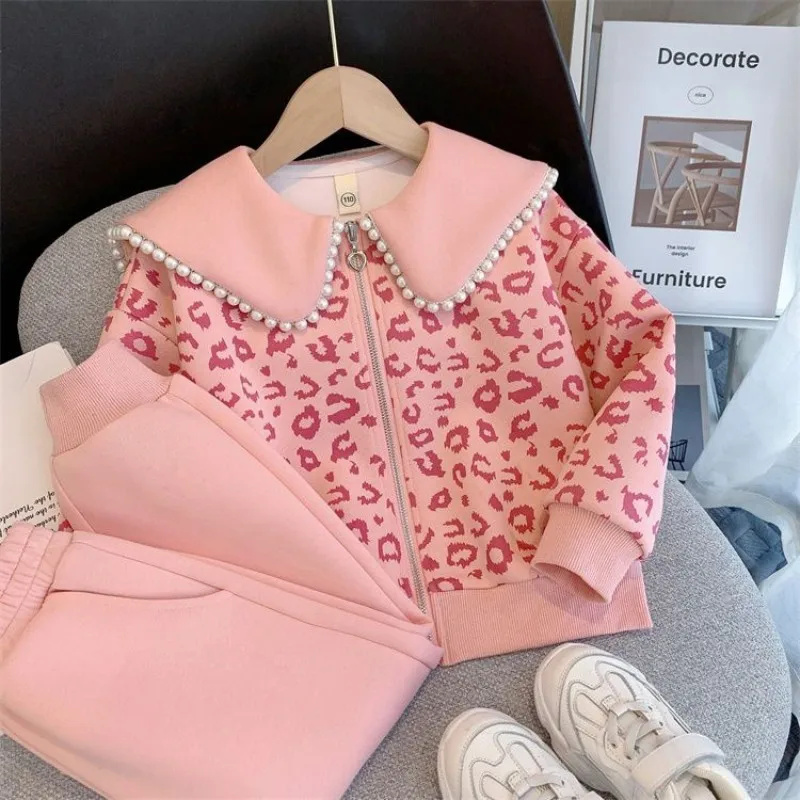 

New Girls' Clothing Set Spring and Autumn Children's Leopard Pattern Pearl Doll Collar Coat Casual Pants Two Piece Set