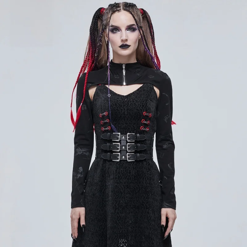 Devil Fashion Punk Style Bone Print Knitted Shoulder Wrap Coat Women's Fashion Outerwear Cotton Polyester Zipper Closure Shor...