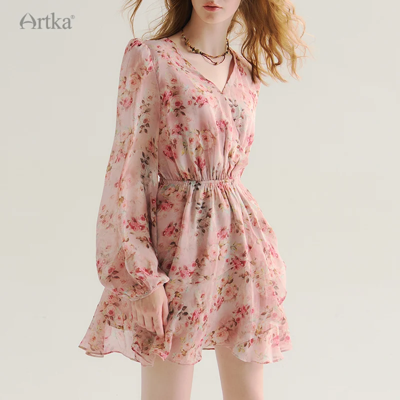 

ARTKA 2024 Early Autumn New Women Dress Elegant Floral V-Neck Chiffon Dresses Long Puff Sleeve High Waist Dress LA92645Q