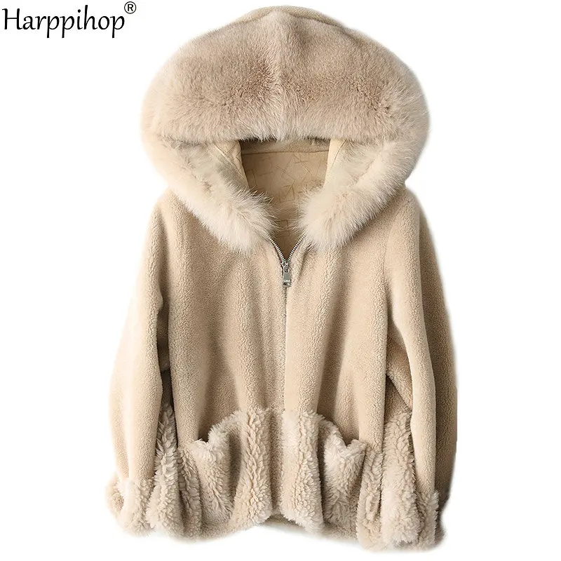 Harppihop Real sheep fur coat jacket overcoat women\'s winter warm genuine fur coats overcoat