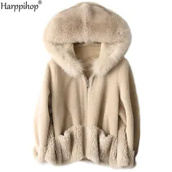 Harppihop Real sheep fur coat jacket overcoat women's winter warm genuine fur coats overcoat