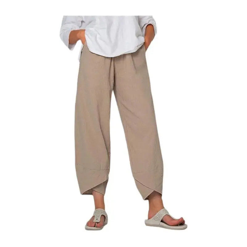 بنطلون كاجوال فضفاض للسيدات مقاس كبير حتى S5XL، مريح بخصر طبيعي، تصميم هارلان مع تفاصيل الجيوب، مصنوع من مزيج الكتان