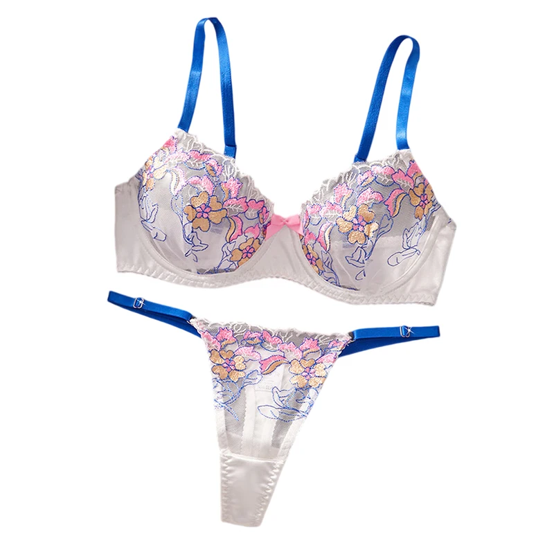 Women's Lingerie Sweet Floral Embroidered Lingerie Set Underwire Push Up Bra Panties Sets Elegant Mesh Underwear Soft Intimate