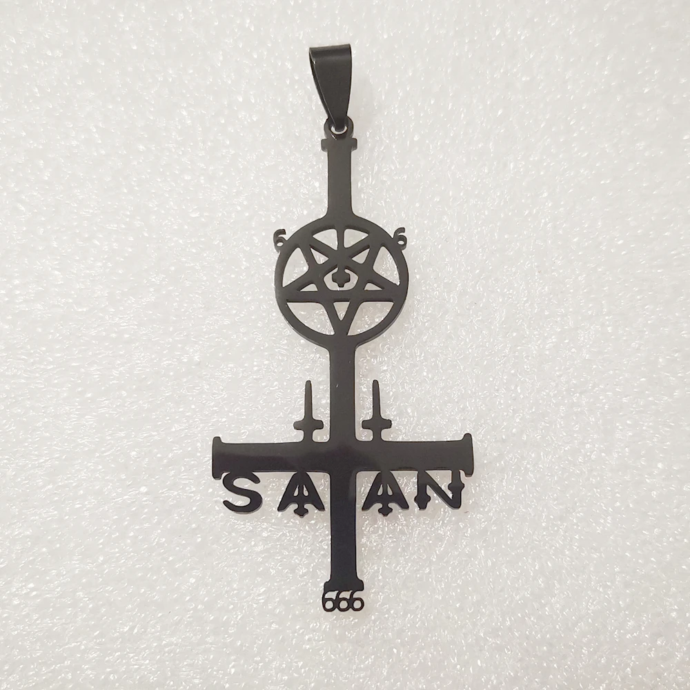 Black Cross Stainless Steel Pentagram Satanic Worship Charm Pendant Necklace 24inch Chain Devil's Gift