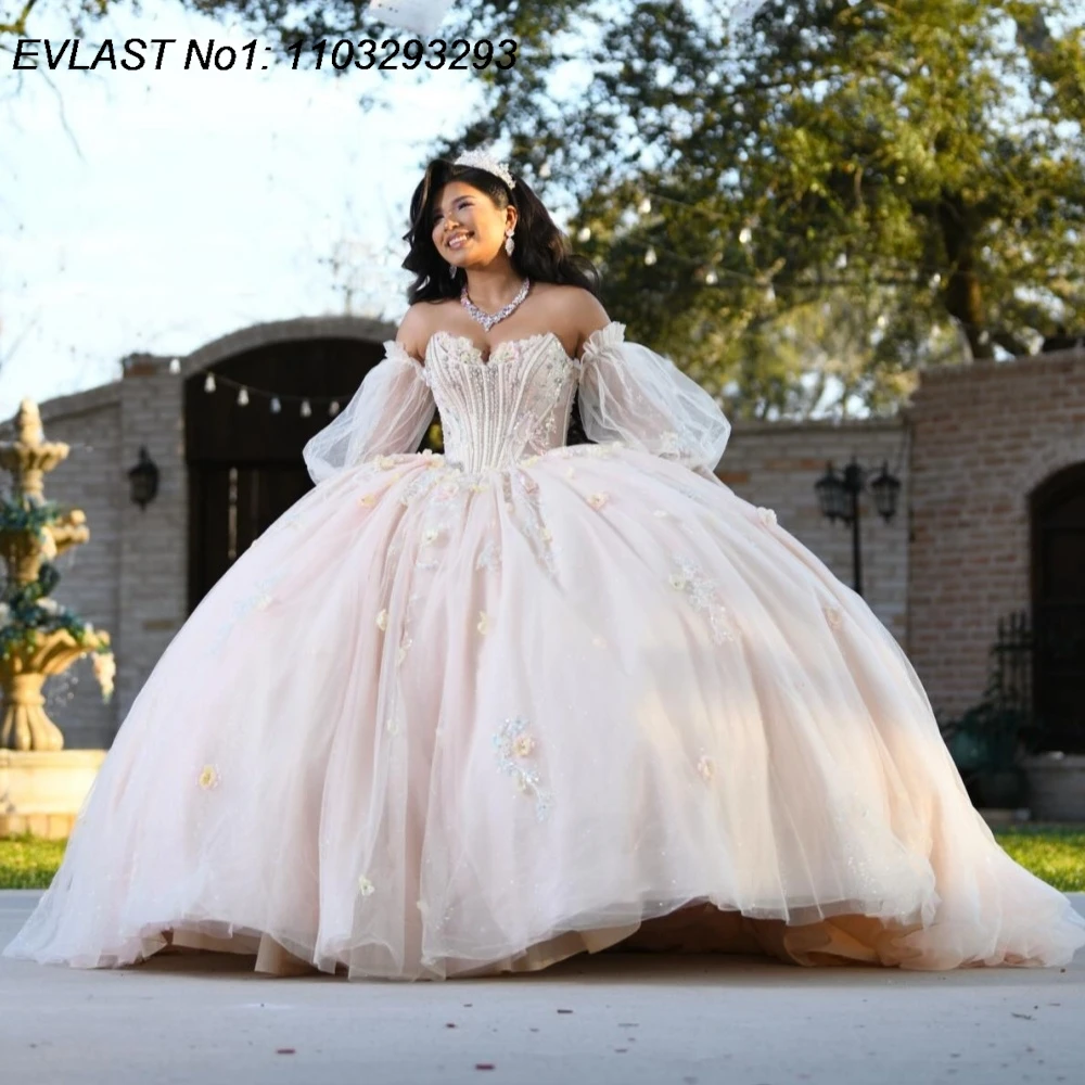 EVLAST Customized Mexican Pink Quinceanera Dress Ball Gown Floral Applique Beading Corset Bow Sweet 16 Vestidos De 15 Anos AQ84