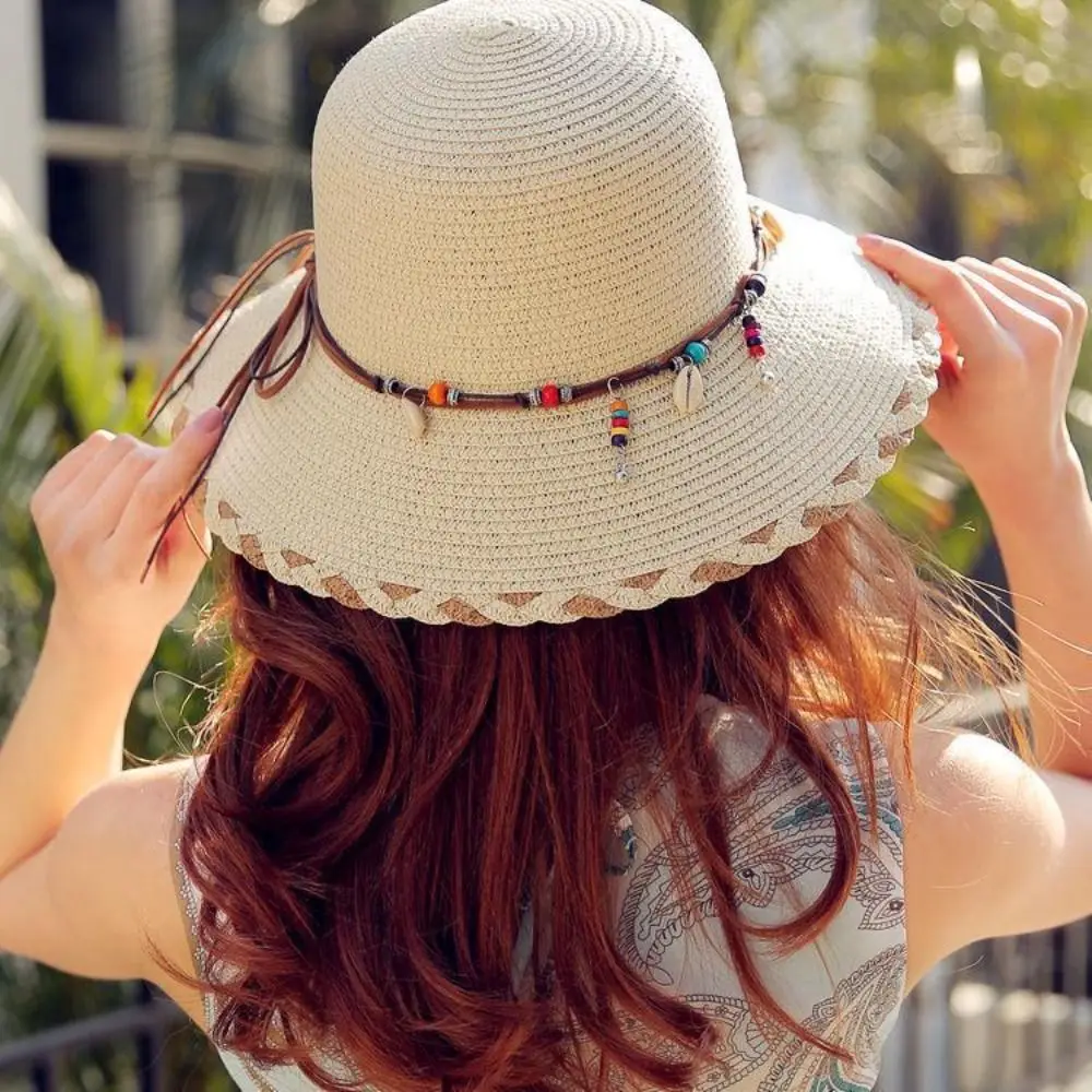 

Western Country Style Bohemian Beaded Strap Straw Hat Spring Summer Wide Brim Folding Straw Hats Travel Beach Women's Sun Hat