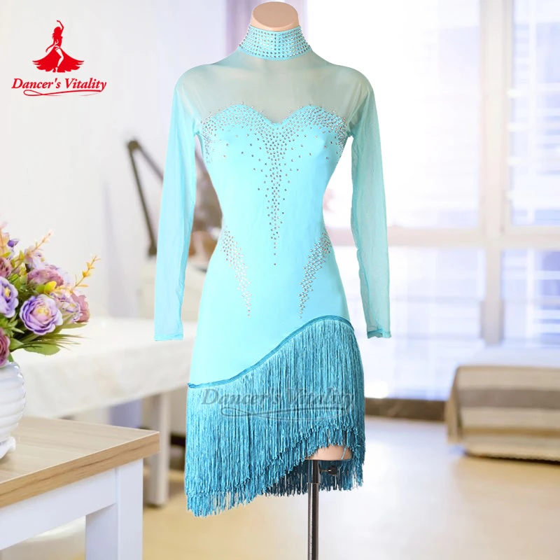 Dancer's Vitality Latin High-neck Long Sleeve Tassels Dancing Dress Adult Women Chacha Samba Jive Perform Clothing Customized