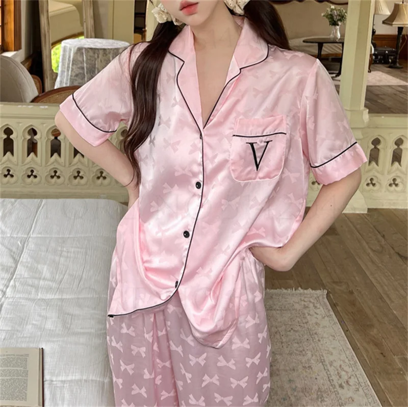 Female 2PCS Pajamas Set Jacquard Short Sleeve Trouser Pijamas Suit Spring Summer Silk Satin Sleepwear Loungewear Loose Home Wear