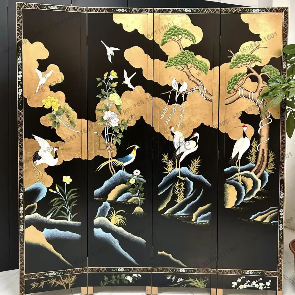 Screen series national style pine crane flower and bird picture pure hand-painted partition entrance