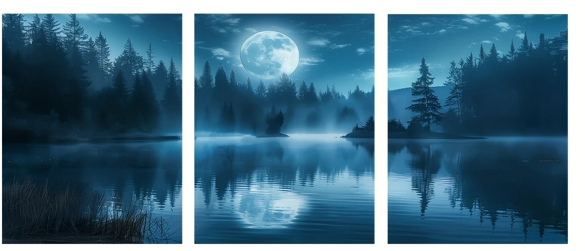 3 Panels Moon Forest Lake Canvas Wall Art, Night Landscape Reflection Print For Home Decor