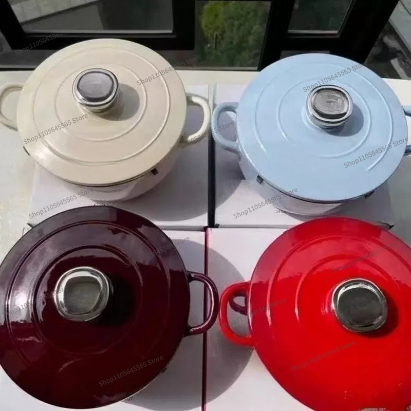 For Double Ear Enamel Pot Household Kitchen 24CM Cast Iron Pot 4.2L Induction Cooker Universal