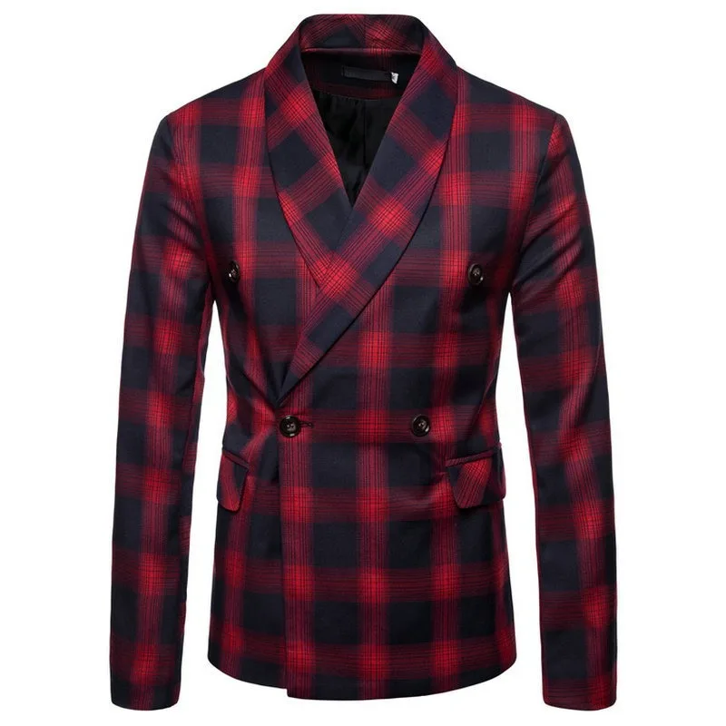 

Foreign Trade European Men's Wedding Nightclub Suit Fashion Dark Plaid British Gentleman Double Breasted Suit Jacket