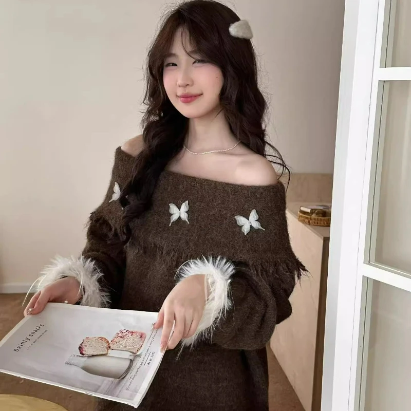 

French Elegant Butterfly One-shoulder Knitted Sweater 2026 Autumn/Winter New Fashion Laid-back Loose Sweater Pullover for Women