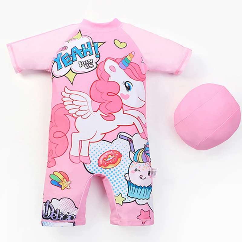 Unicorn Print Girls Swimsuit 2-8 Years 2022 New Children's Swimwear Set of Pink Cartoon One Piece Fused Surfing Suit Beachwear