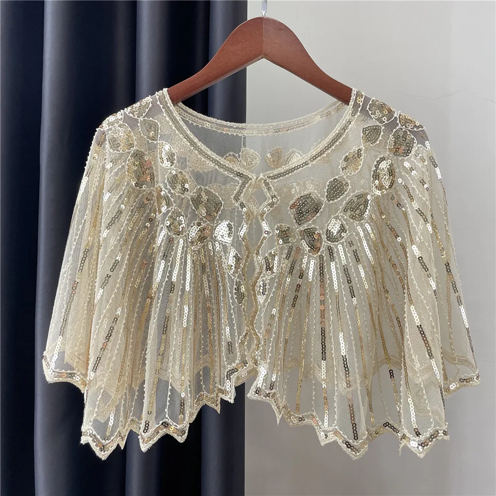 

Vintage 1920S Flapper Shawl Sequin Short Cape Beaded Women Evening Wrap Poncho Shrug Gatsby Party Mesh Bolero Cover Up Scarf Top