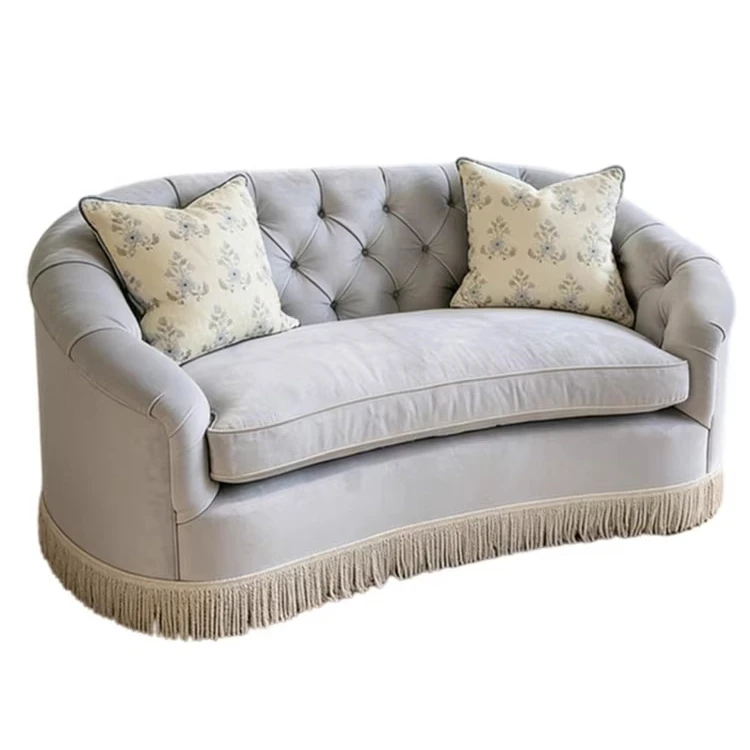 &c French Retro Double Cloth Sofa with American Buckle Velvet Tassel Design