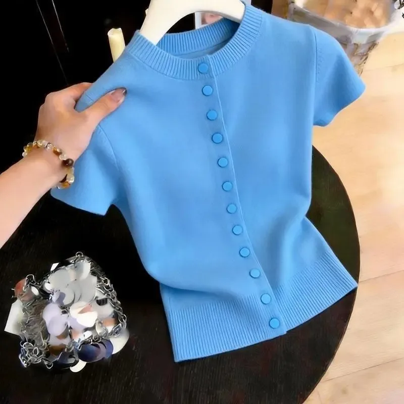 New 2026 Summer Stand-up Collar Short-sleeved Women's Knitted Cardigan Top Casual Single-breasted Solid Color Ladies T-shirt