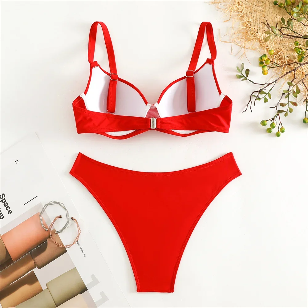 Red Sexy Push Up Bikini Thong Swimwear Underwired Padded Y2K Swimsuit Women Vacation Beach Wear Two Piece Brazilian Bathing Suit