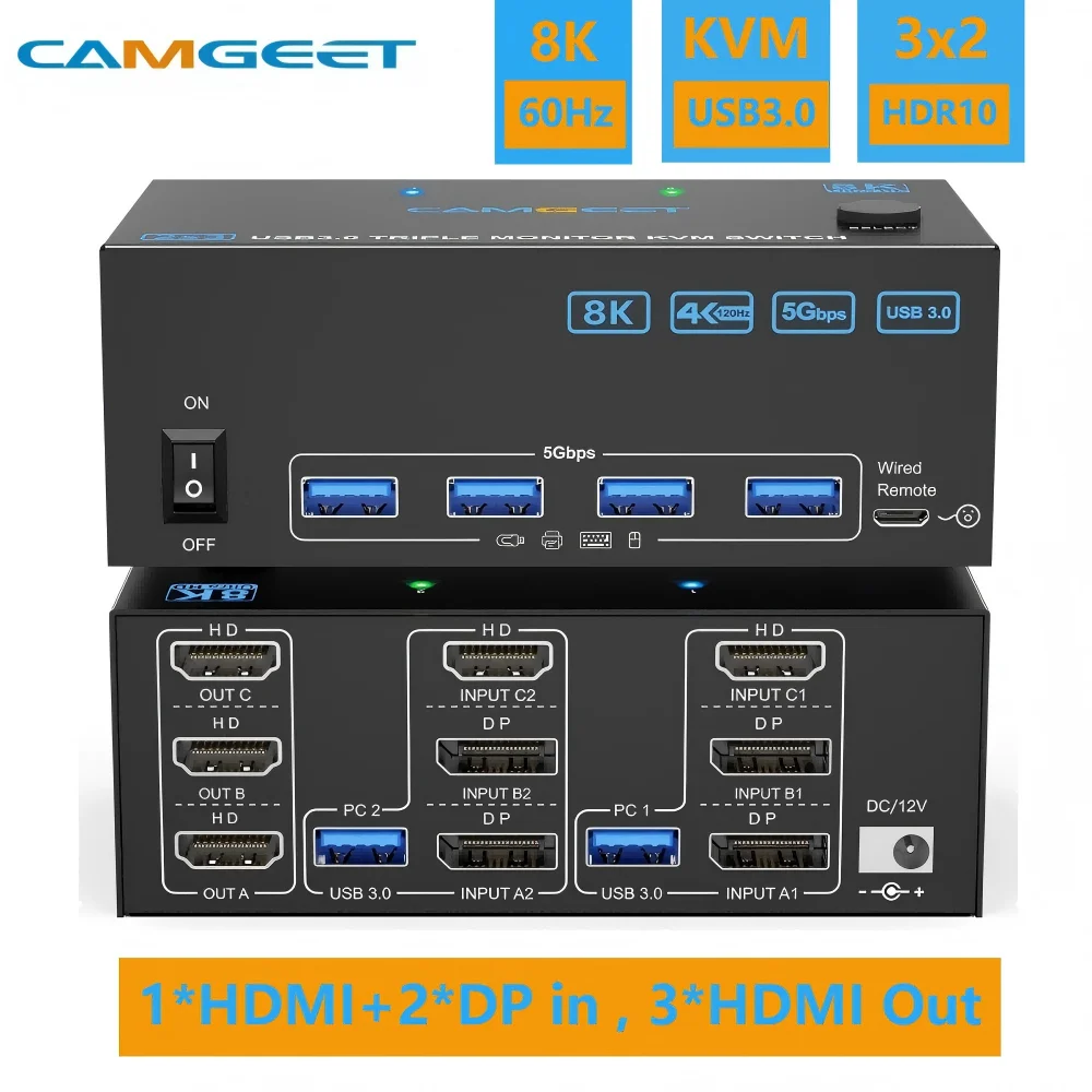 

NEW KVM Switch 3 Monitors 2 Computers 8K@60Hz 4K@144Hz,1*HDMI+2*DP in,3*HDMI Out,Triple Monitor KVM Switch with 4 USB 3.0 Device