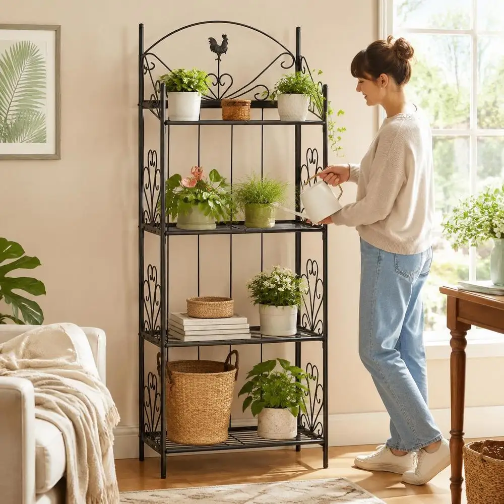 Support à plantes en acier noir 153 cm à quatre niveaux avec motifs floraux, finition poudrée, structure durable pour l'aménagement de jardin, terrasse et patio, décoration classique de l'espace