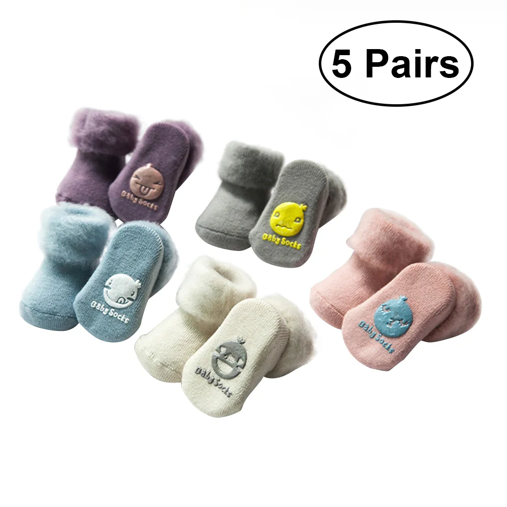 5 Pairs of Baby Thick Cotton Socks Autumn and Winter Cuff Socks Non-slip Warm Socks Size XS(Random Color)