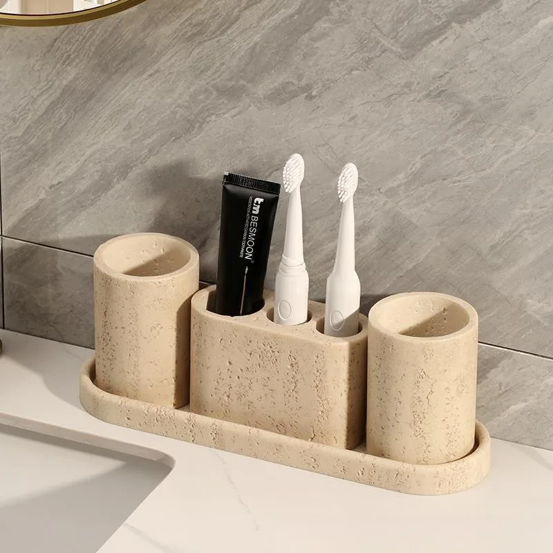 Natural Travertine Stone Bathroom Accessories, Luxury Noble Bathroom Vanity Set Soap Dispenser Toothbrush Holder Tray