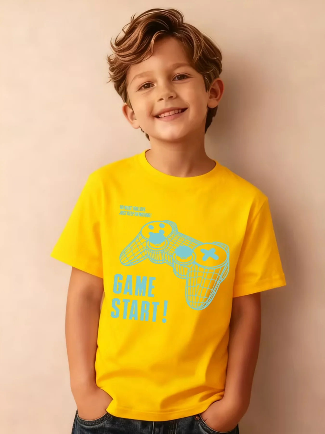 Summer Children's Fashionable T-shirt GAME START Line Game Console Letter Cartoon Pattern Printed Parent-child Casual Top