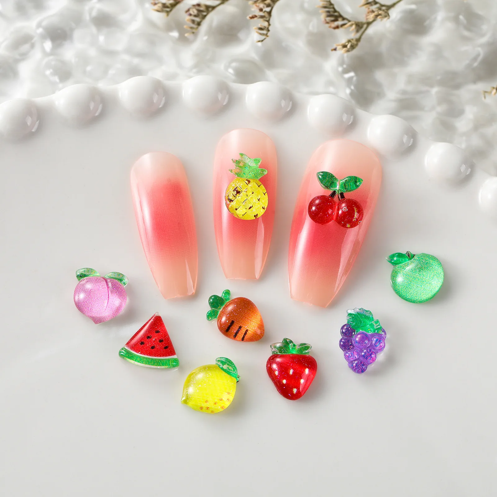 50pcs Cute Summer Refreshing And Ice Permeating Fruit Series Watermelon Cherry Strawberry 3d Simulation Nail Decoration Diamond