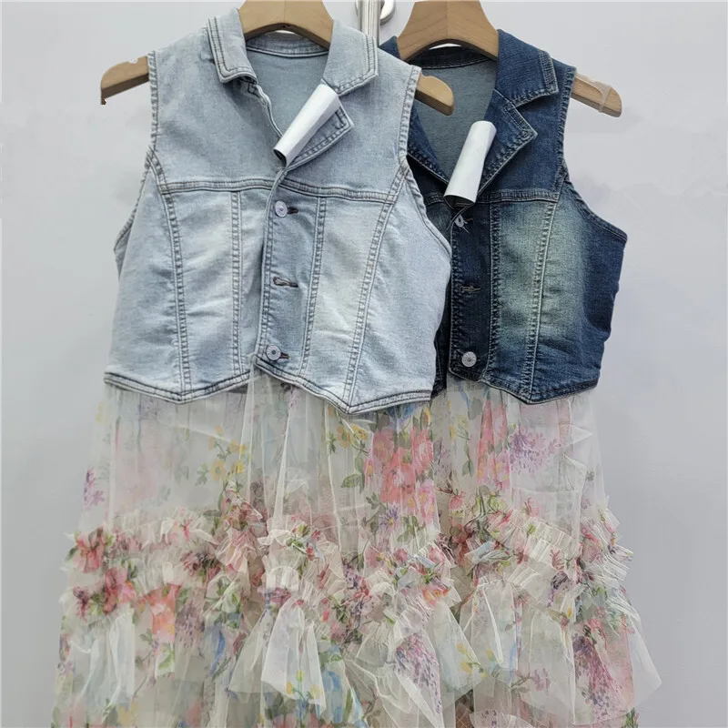 ANJY Herfst Nieuwe Vrouwen Europese Slim Fit Denim Vest Patchwork Gedrukt Mesh Zoete Taart Rok Elegante Bloemen Puffy Ins Jurk A16769