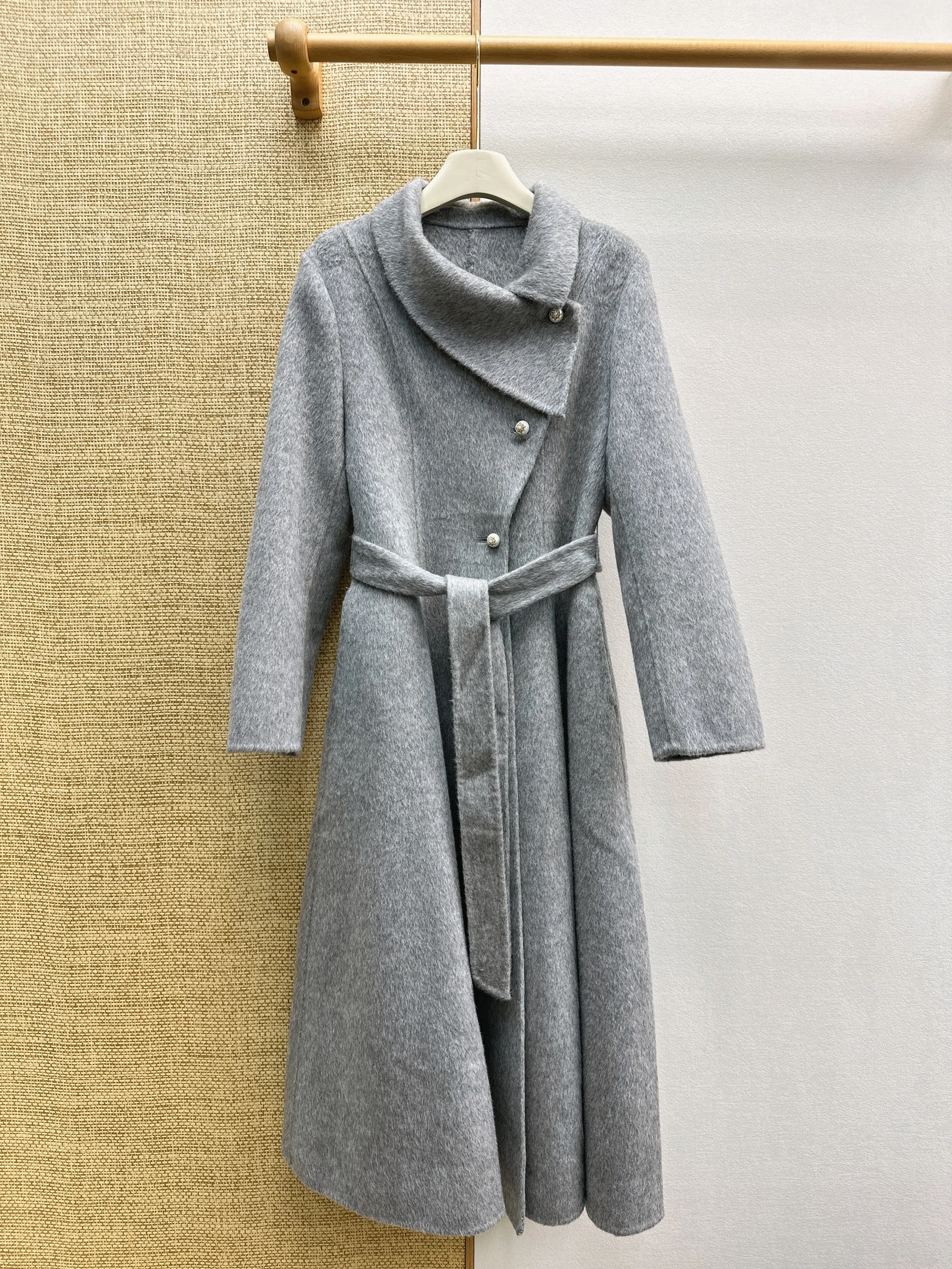 2026 Autumn Winter Elegant Long Reversible Wool Coat, Asymmetrical Wrap Lapel, Slanted Pearl‑textured Buttons, Matching‑fabric B