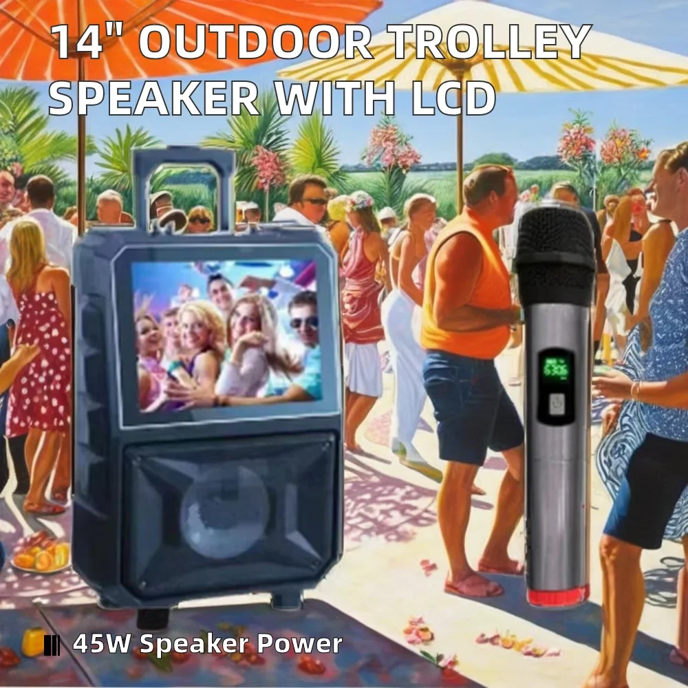 New 14-Inch Blue Tooth Wireless Speaker LCD Screen Portable Audio Player Karaoke Player Bluetooth Outdoor Trolley Accessory Incl