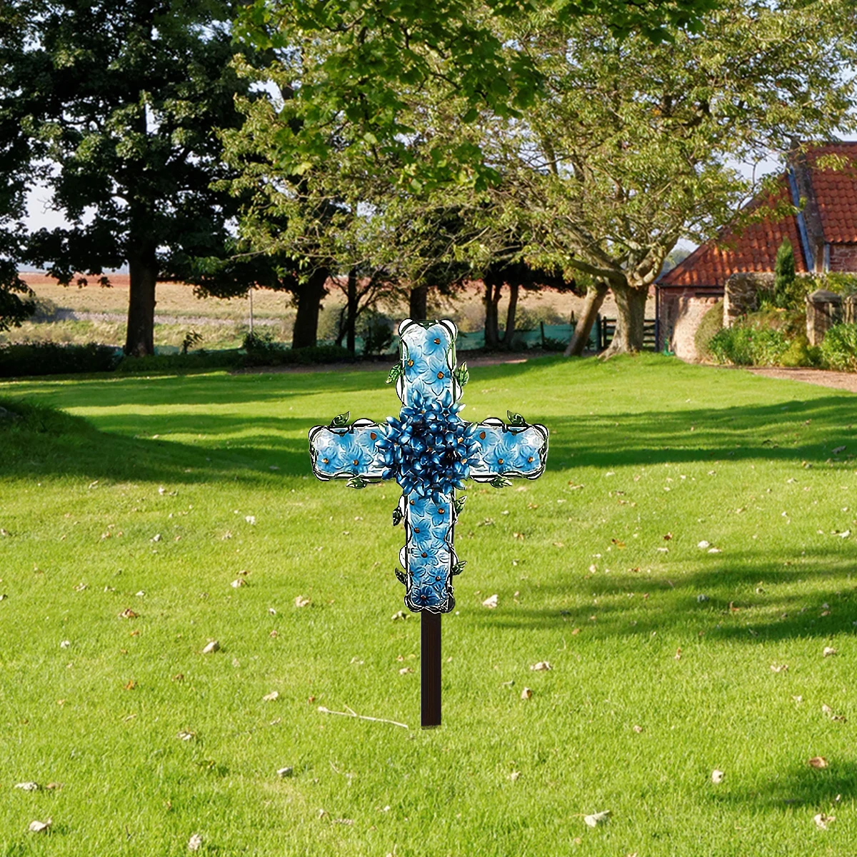 

Solar garden decorated with solar metal and glass cross blue hydrangea posts