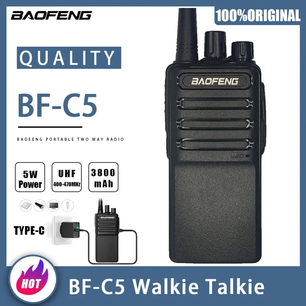 

Baofeng BF-C5 Walkie Talkie 5W 3800mAh UHF 400-470Mhz Thin Two Way Radio BFC5 Can Type-C Charge Portable Handheld CB Ham Radios