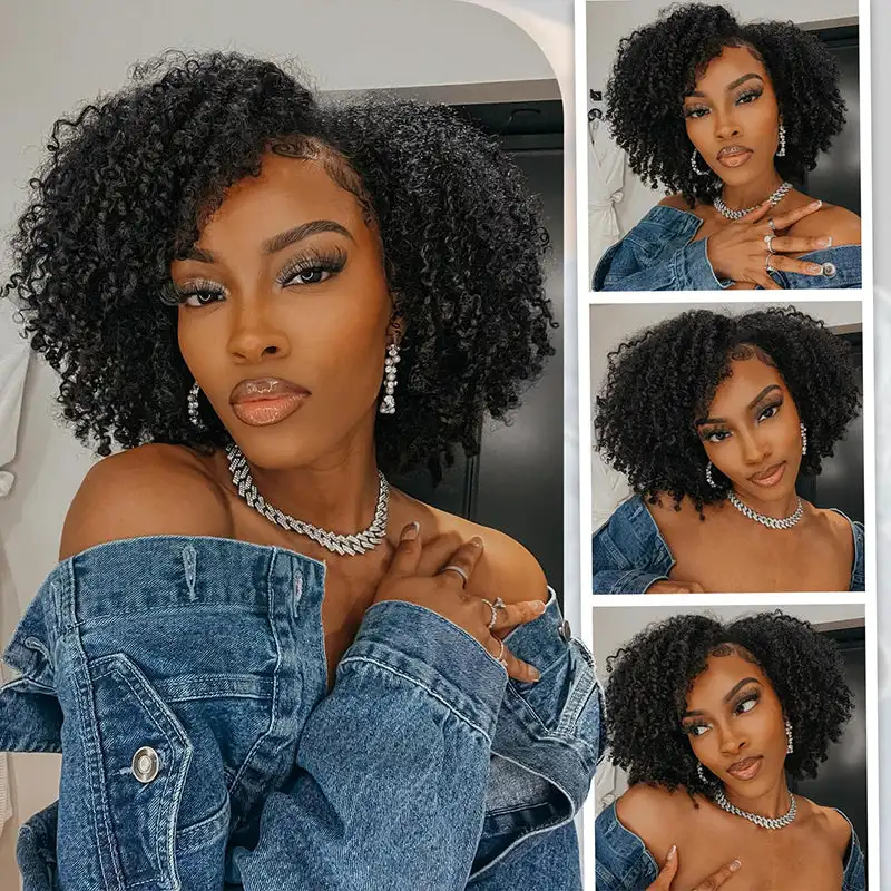 VSHOW Afro Kinky Curly Flip Over 3 IN 1 Half Wig Human Hair Glueless Wig Machine Made Wear Go Beginner Friendly With Drawstring image 3