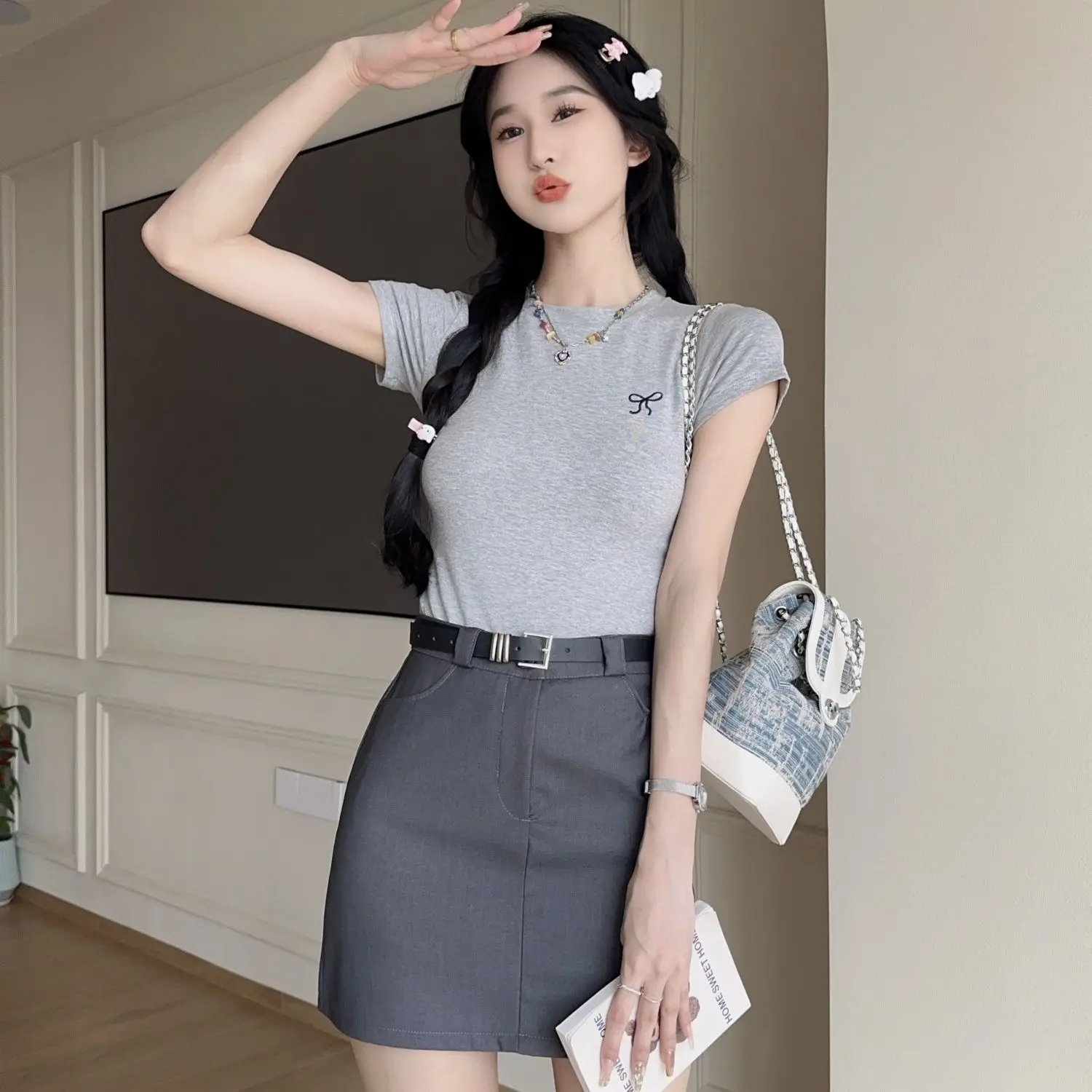 Korea Two Piece Set Summer The New College Style Short-Sleeved Female French Sweet Spice Girl Round Neck Slim And Slim Top