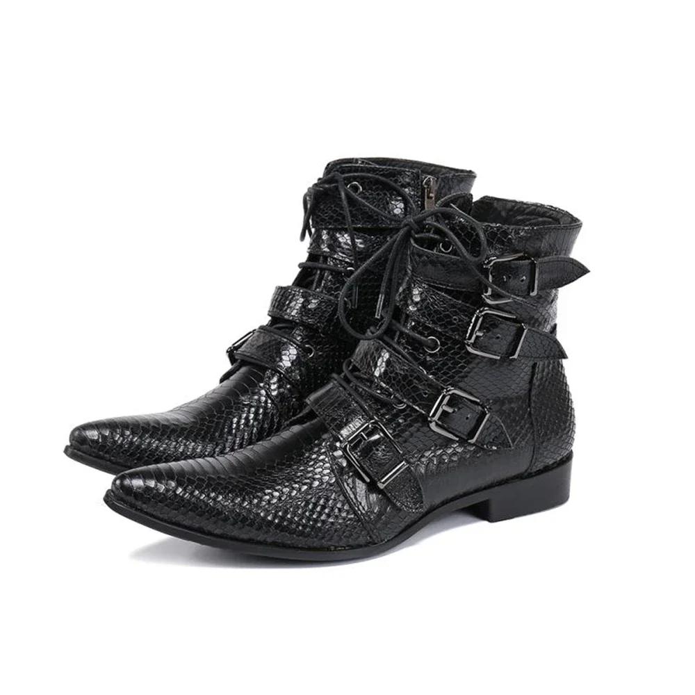 Genuine Leather High Heels Pointed Toe Black Boots Male Plus Size Buckle Lace Up British Style Wedding Motorcycle Cowboy Shoe