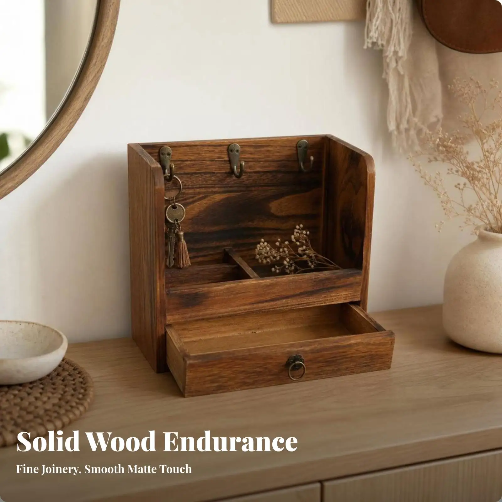 Space Saving Solid Wood Wall Key Holder with Hanging Hooks and Storage Compartment for Home Entryway Keychain Organizer