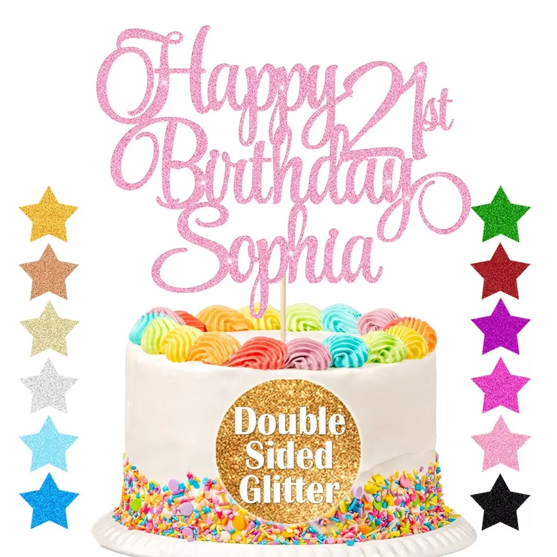 Customised Happy Birthday Cake Topper Personalised Cake Decoration with Any Name Age Multicolour Glitter Cake Topper 16th 18th 2