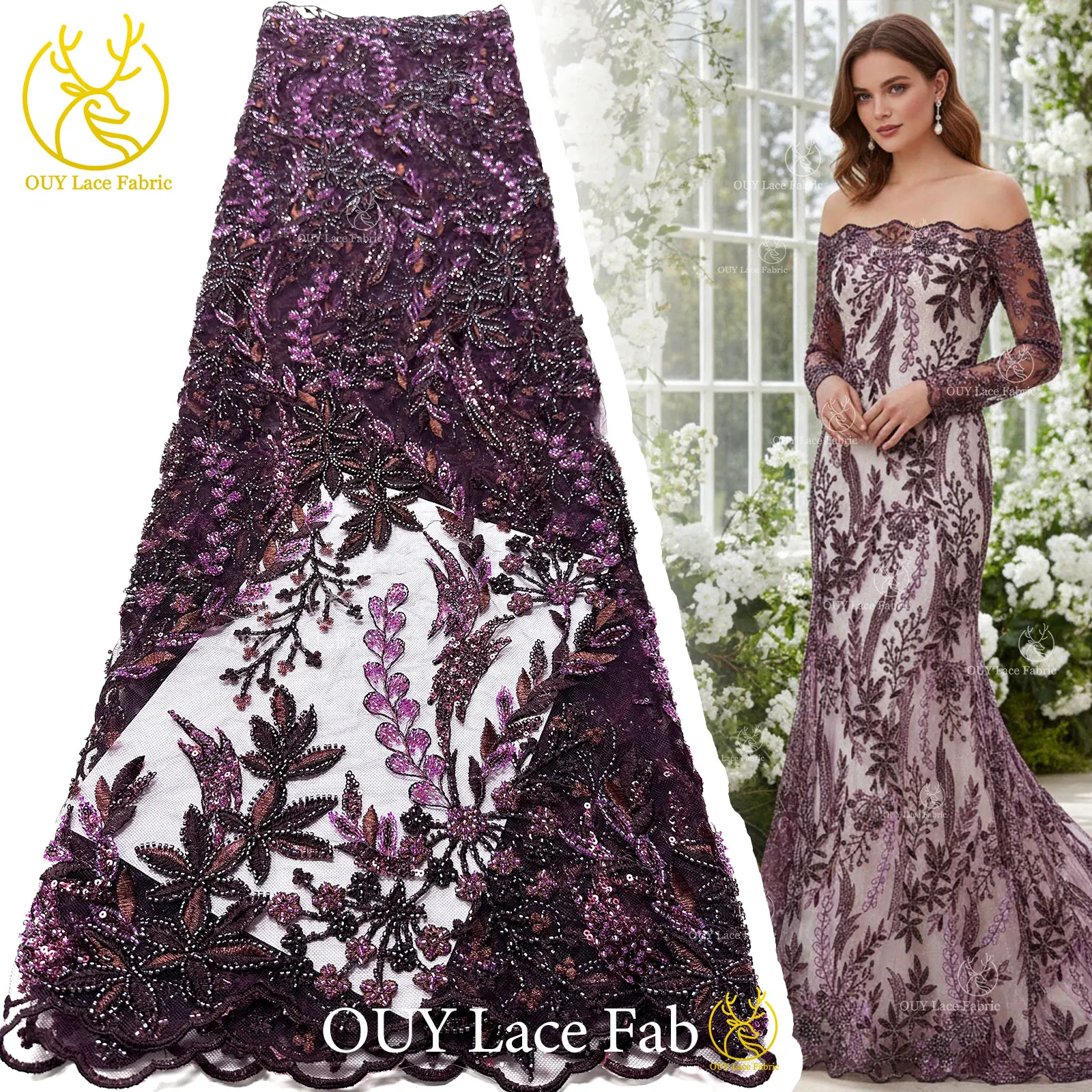 

2026 Elegant African Sequins Embroidery Lace Fabric 5 Yards High Quality French Beaded Lace Nigerian Party Evening Dress Sewing