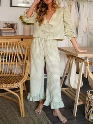 New Fashion Women 2-Piece Plaid Ruffled Set V-Neck Bow Lacing Loose Flowy Hem Tops Long Pants Outfits Skin Friendly Hot Sale