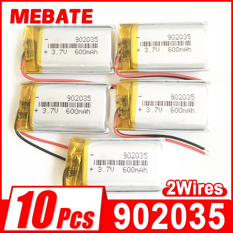 Lot 10 PCS 3.7V 600mAh Lipo Polymer Lithium Rechargeable Battery 902035 For MP3 GPS DVD Bluetooth Recorder Speaker E-book Camera