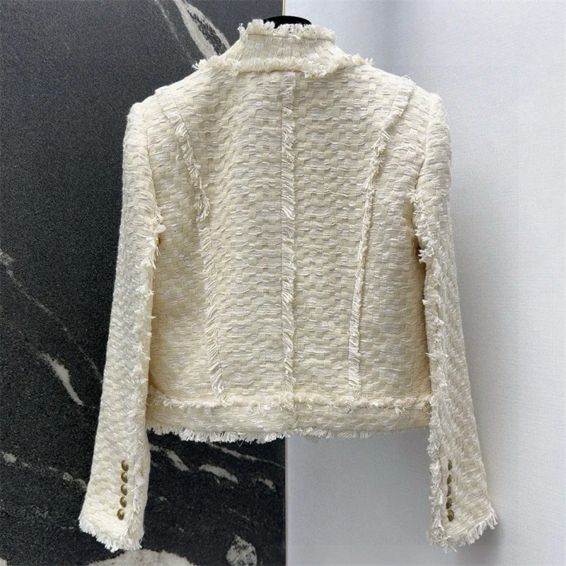 Women's jacket New autumn 2025 double breasted slim long sleeved top tweed weave Women's coat Cotton blend round neck outerwears