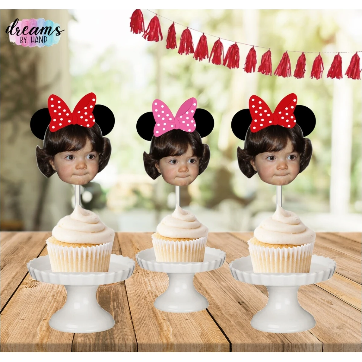 

12pcs Custom Mouse inspired cupcake toppers, dessert toppers, photo cupcake toppers, Mouse ears, photo face cutout