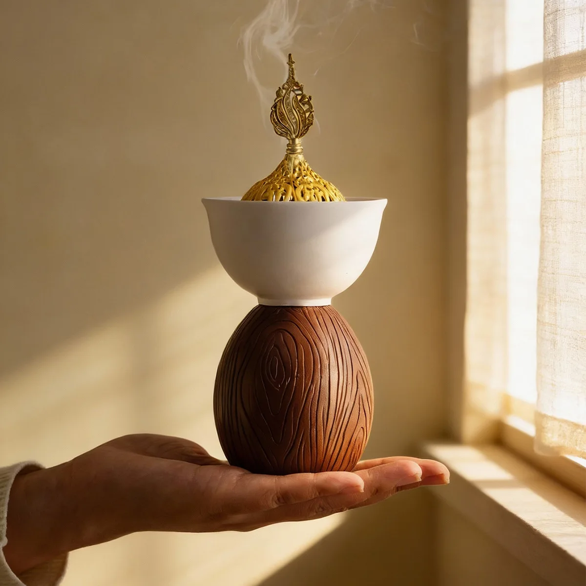 Wood Grain Resin Bakhoor Incense Burner Arabic Mubkhar With Golden Lid Desktop Aromatherapy Censer Home Ramadan Decor Gift