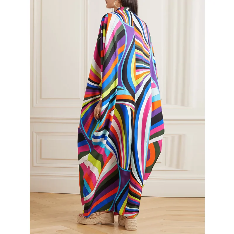 Jennifer Striped Colorful Geometric Maxi Dresses for Women 2024 Fashion Loose Batwing Sleeves V-Neck Dresses for Party Evening