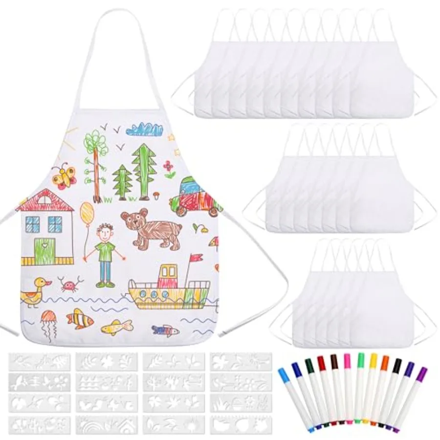 

Pllieay 52 PCS DIY Kid Aprons, Toddler Apron White Aprons for with Colored Pen and Journal Stencils for Painting, Kitchen, Cook